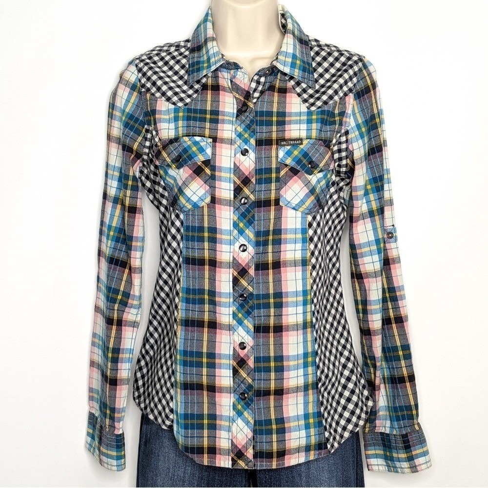 Southern Thread Womens Plaid Gingham Mixed Print Western Snap Shirt Medium